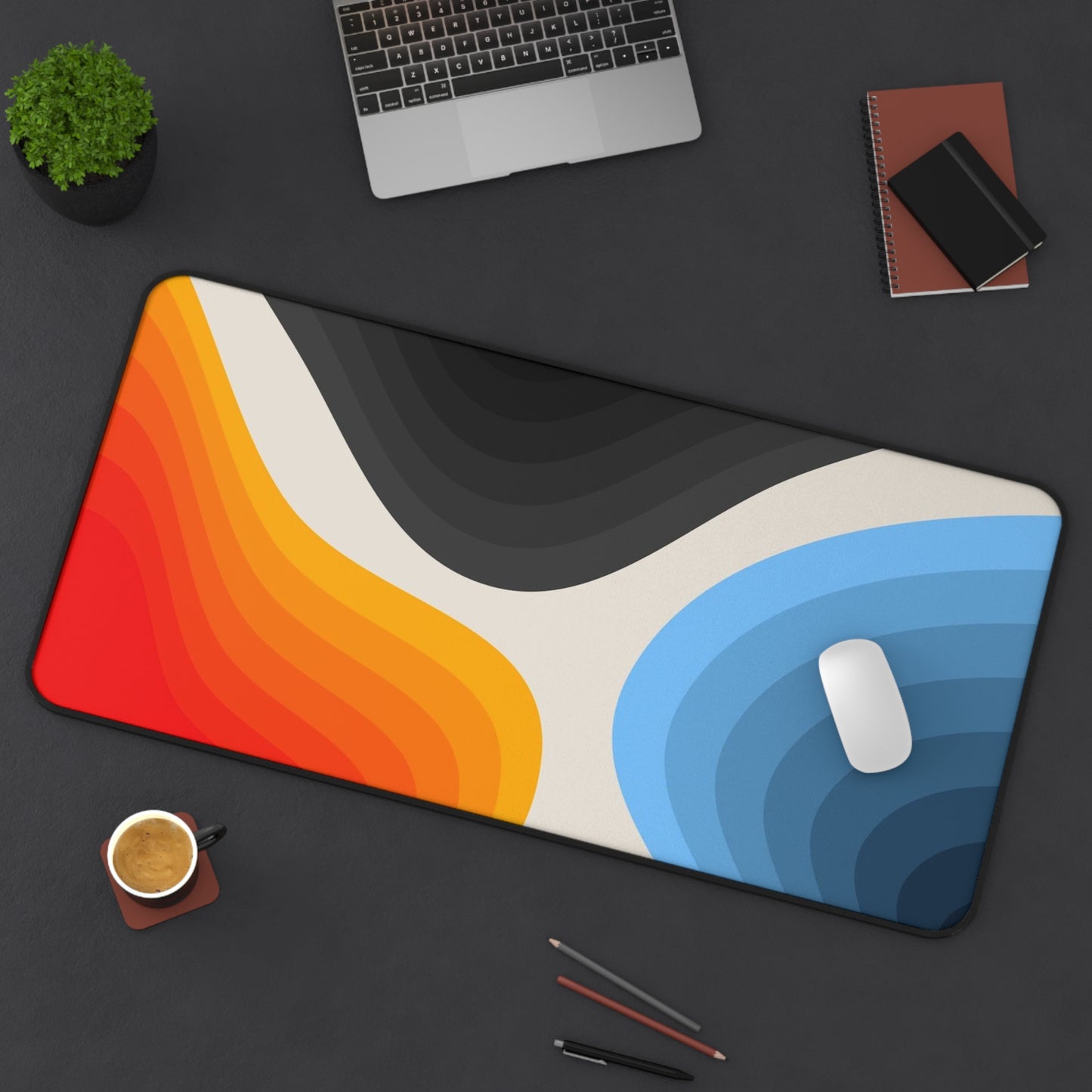 Abstract Layered Waves Desk Mat Colorful Retro Office Mouse Pad