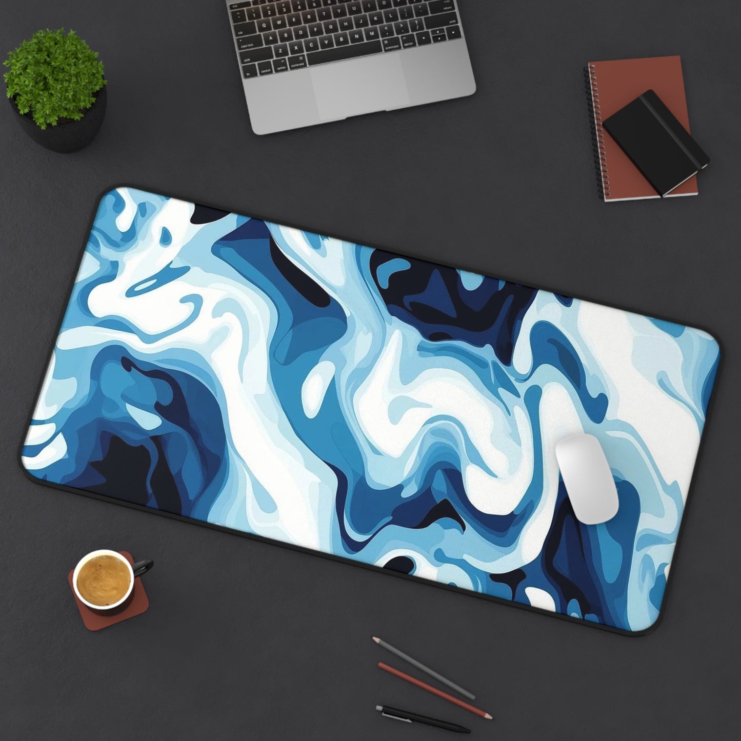 Blue Marble Swirl Desk Mat Abstract Ocean Wave Mouse Pad