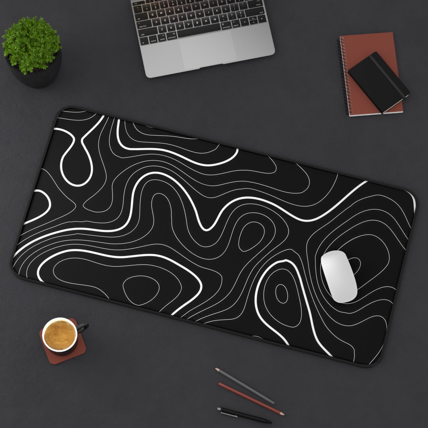 Topographic Contour Desk Mat Black Minimalist Gaming/Office Mouse Pad