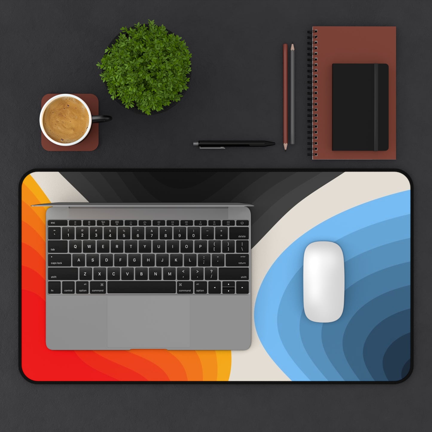 Abstract Layered Waves Desk Mat  Colorful Retro Office Mouse Pad