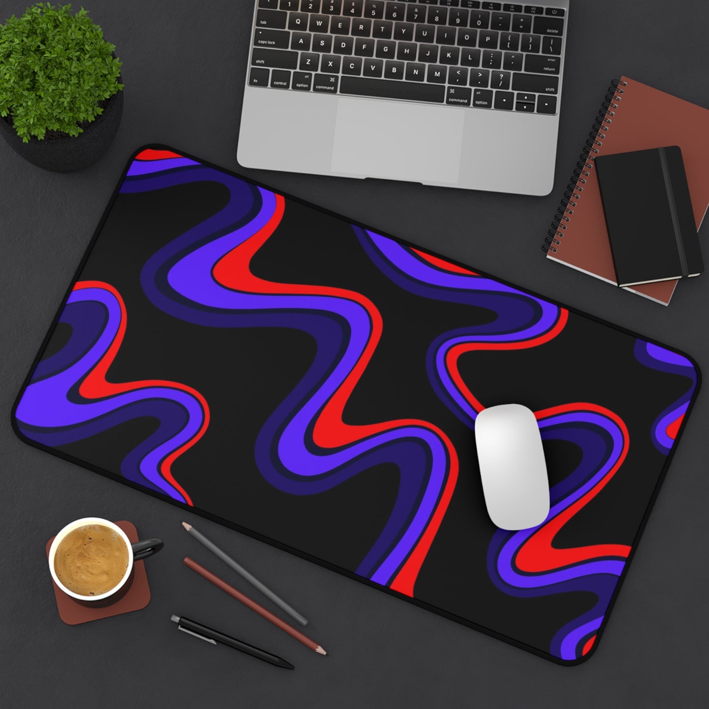 Abstract Wavy Neon Desk Mat  Red & Purple Swirl Mouse Pad