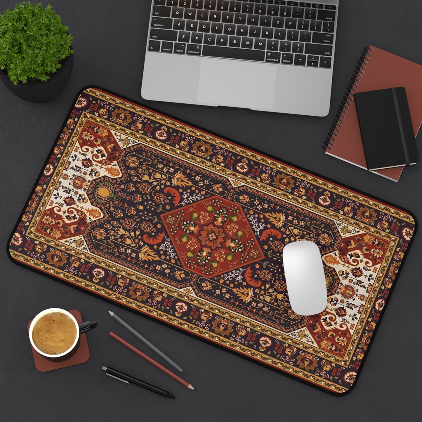 Vintage Persian Rug Desk Mat Bohemian Office Mousepad with Ornate Floral Medallion
