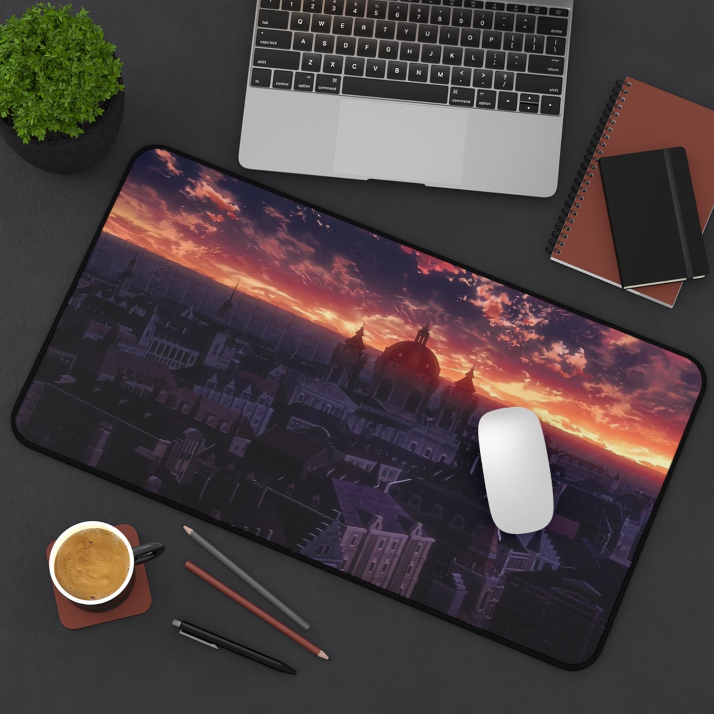 Sunset Cityscape Desk Mat Anime-Inspired Gothic Skyline Mousepad