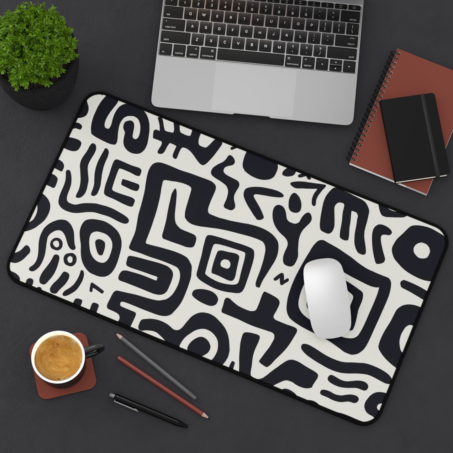 Abstract Black & White Tribal Desk Mat  Large Patterned Mouse Pad
