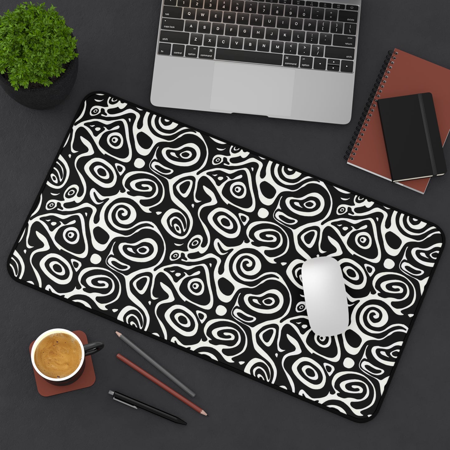 Abstract Black & White Swirl Desk Mat  Modern Pattern Mouse Pad