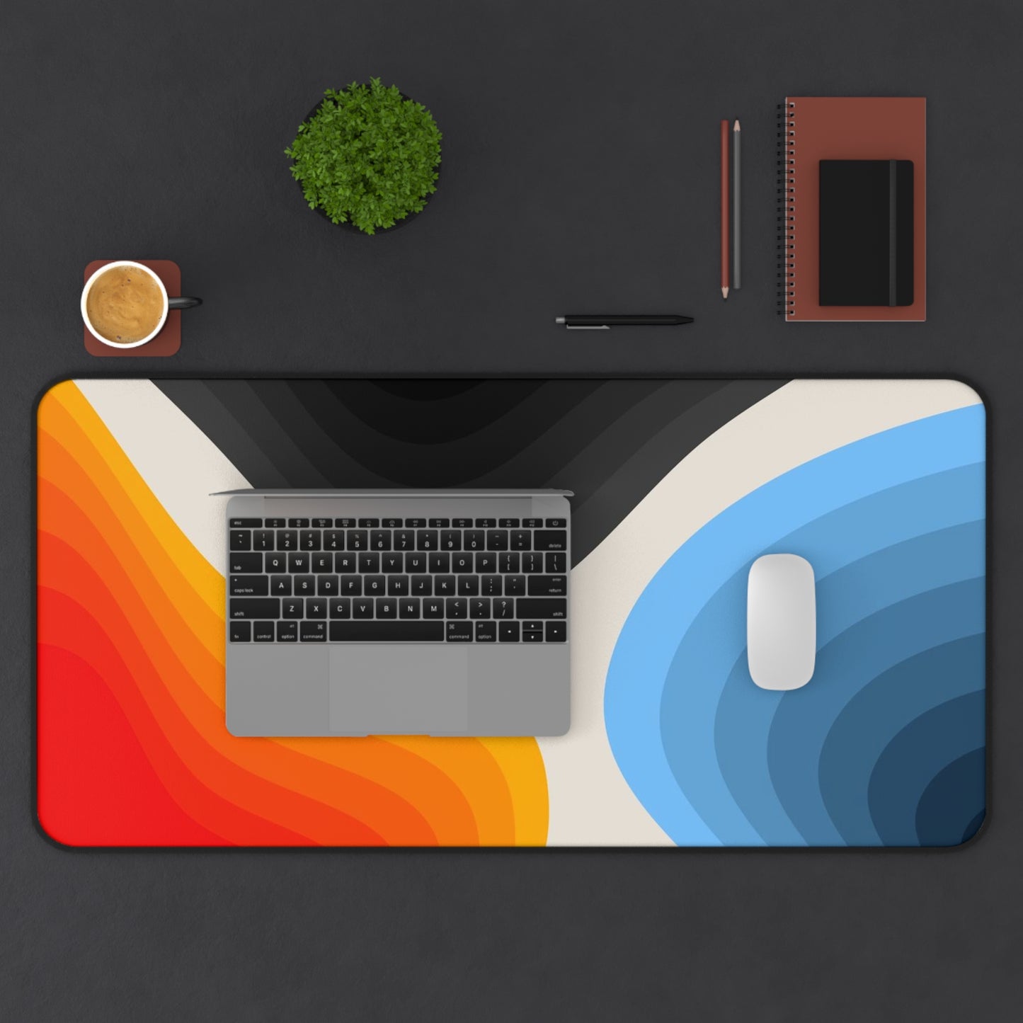 Abstract Layered Waves Desk Mat  Colorful Retro Office Mouse Pad
