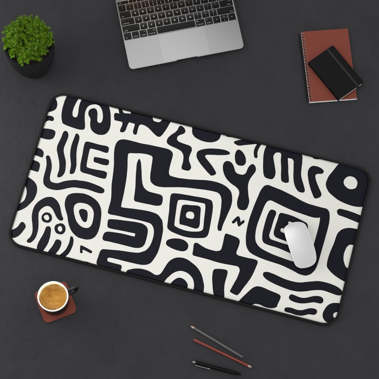 Abstract Black & White Tribal Desk Mat  Large Patterned Mouse Pad