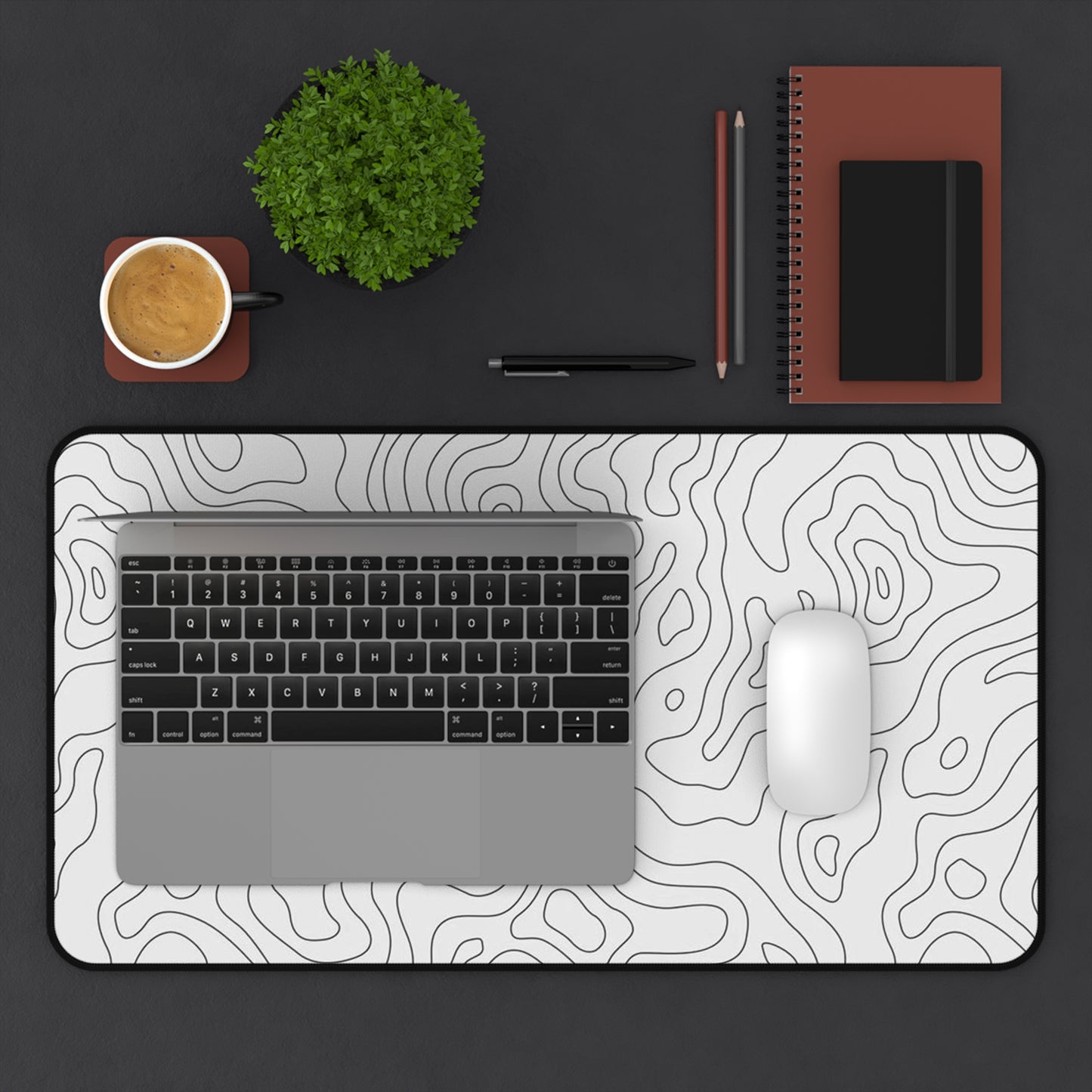 Topographic Contour Desk Mat Minimal Monochrome Office Mousepad