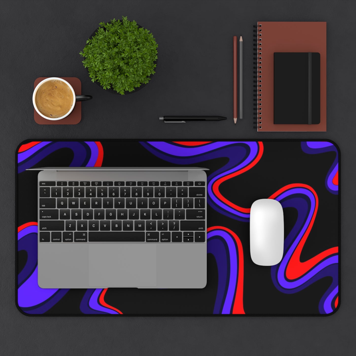 Abstract Wavy Neon Desk Mat  Red & Purple Swirl Mouse Pad
