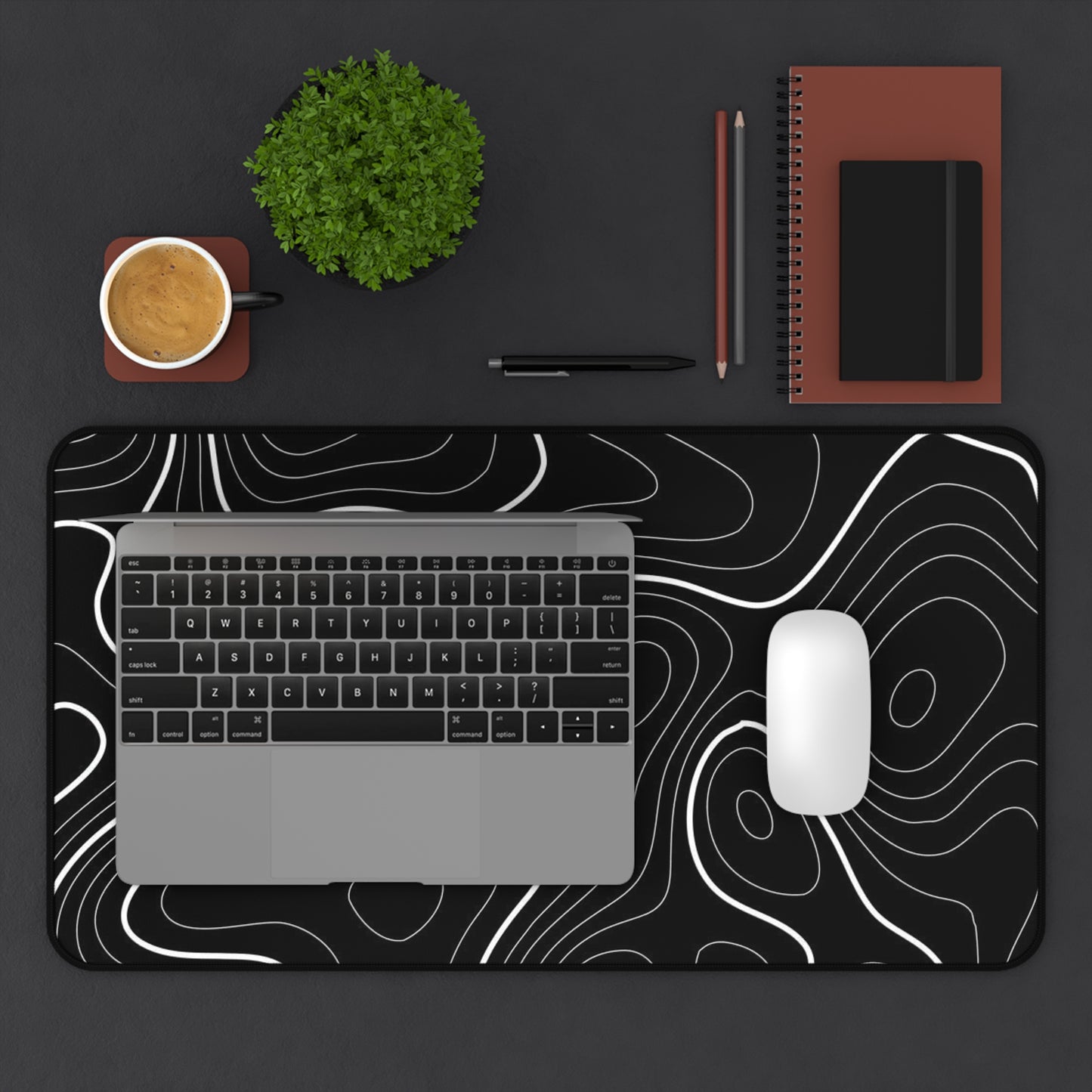 Topographic Contour Desk Mat Black Minimalist Gaming/Office Mouse Pad