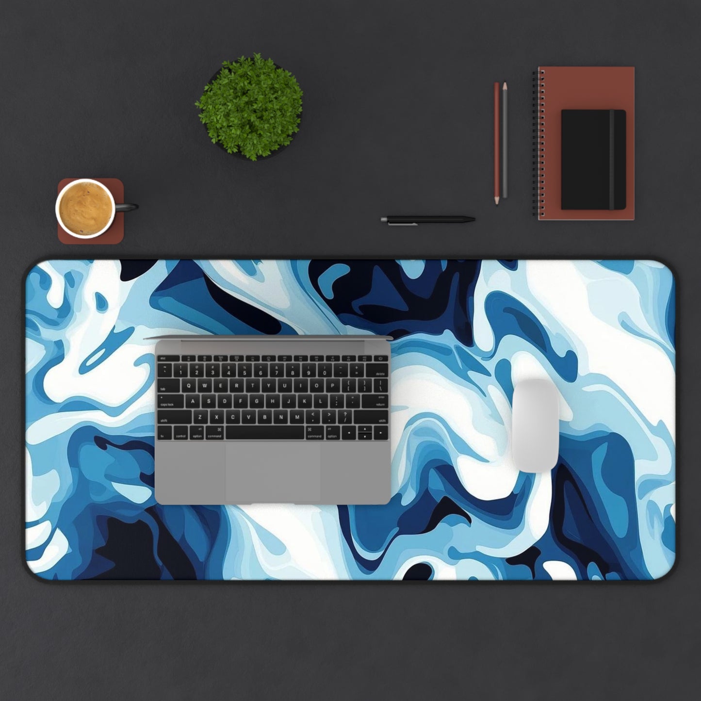 Blue Marble Swirl Desk Mat  Abstract Ocean Wave Mouse Pad