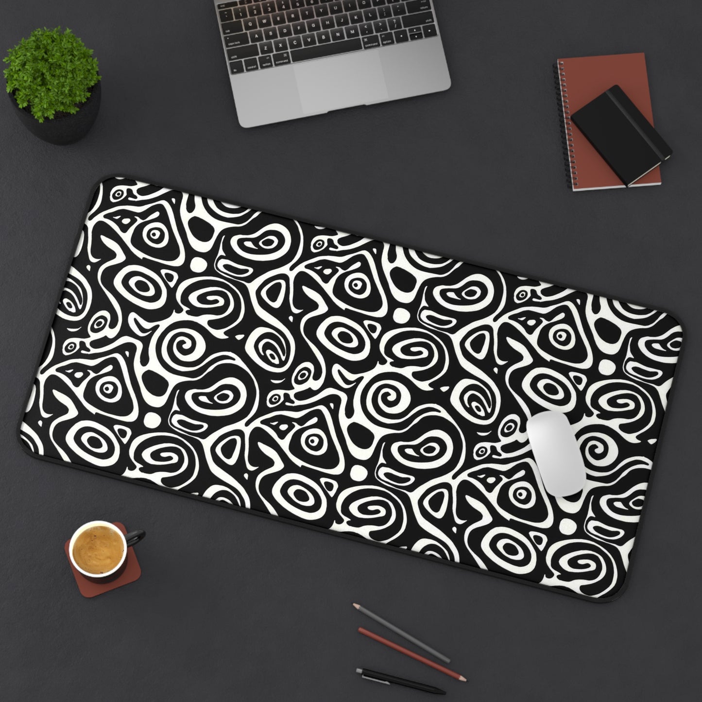 Abstract Black & White Swirl Desk Mat  Modern Pattern Mouse Pad