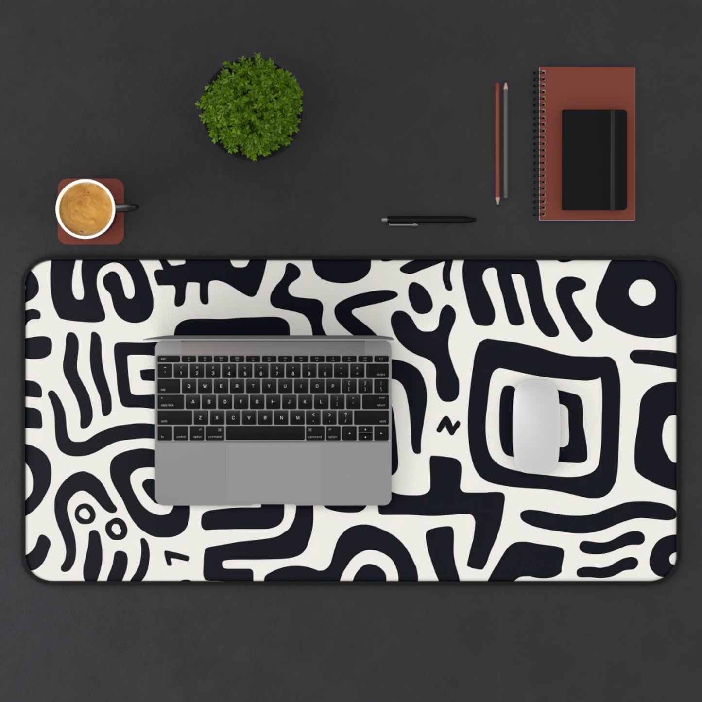 Abstract Black & White Tribal Desk Mat  Large Patterned Mouse Pad