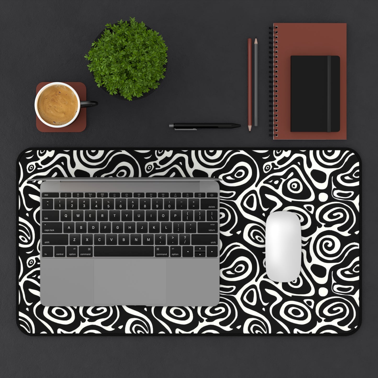 Abstract Black & White Swirl Desk Mat  Modern Pattern Mouse Pad