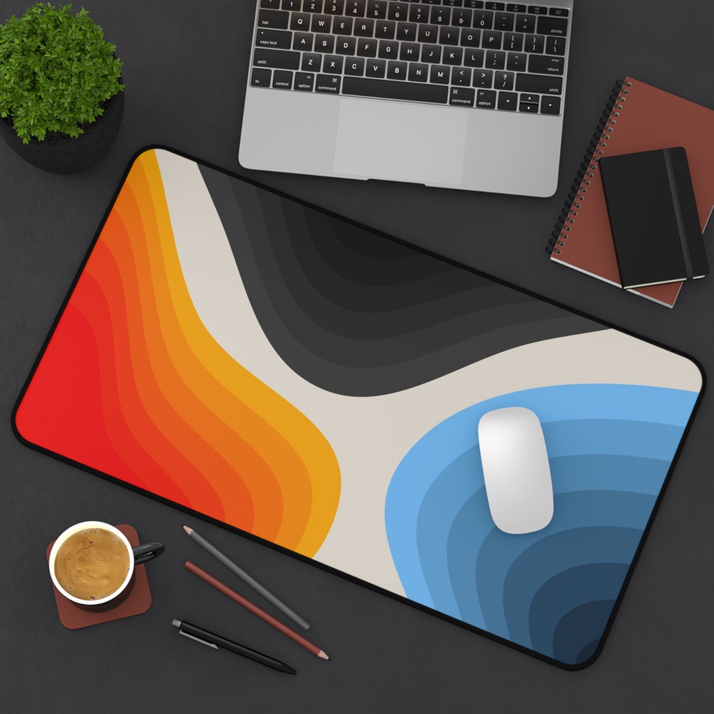 Abstract Layered Waves Desk Mat  Colorful Retro Office Mouse Pad