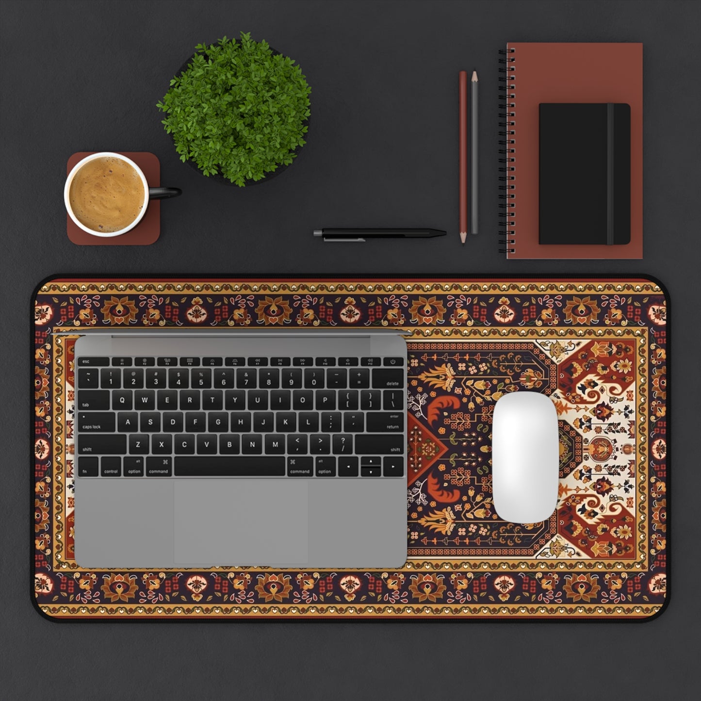 Vintage Persian Rug Desk Mat Bohemian Office Mousepad with Ornate Floral Medallion