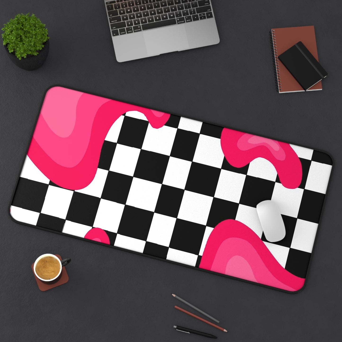 Checkerboard Pink Drip Desk Mat  Retro Skate Aesthetic Mouse Pad
