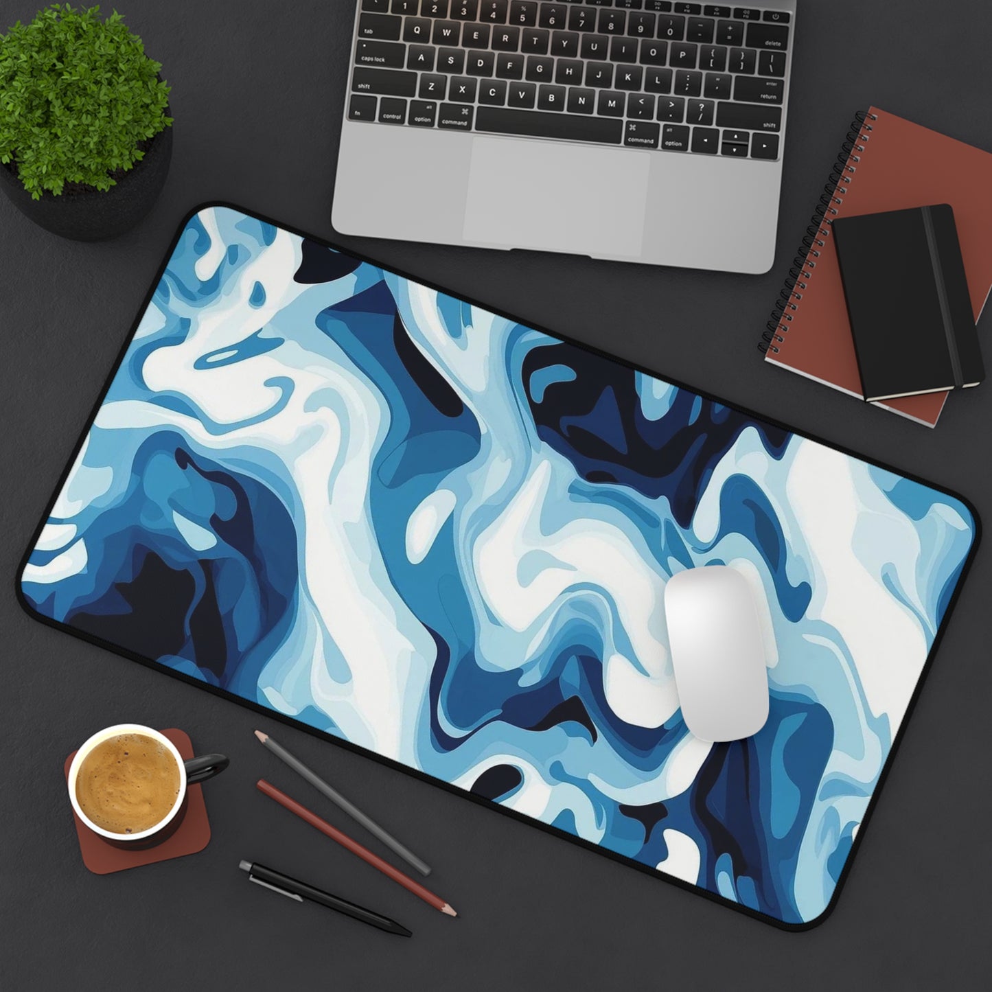 Blue Marble Swirl Desk Mat  Abstract Ocean Wave Mouse Pad