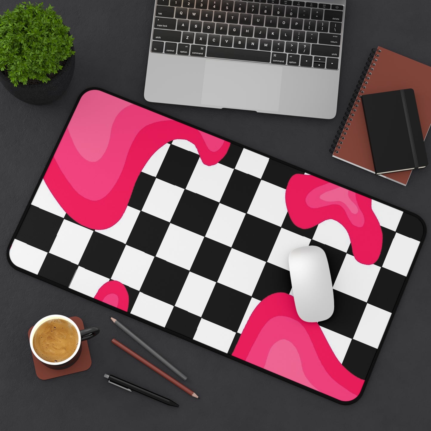 Checkerboard Pink Drip Desk Mat  Retro Skate Aesthetic Mouse Pad