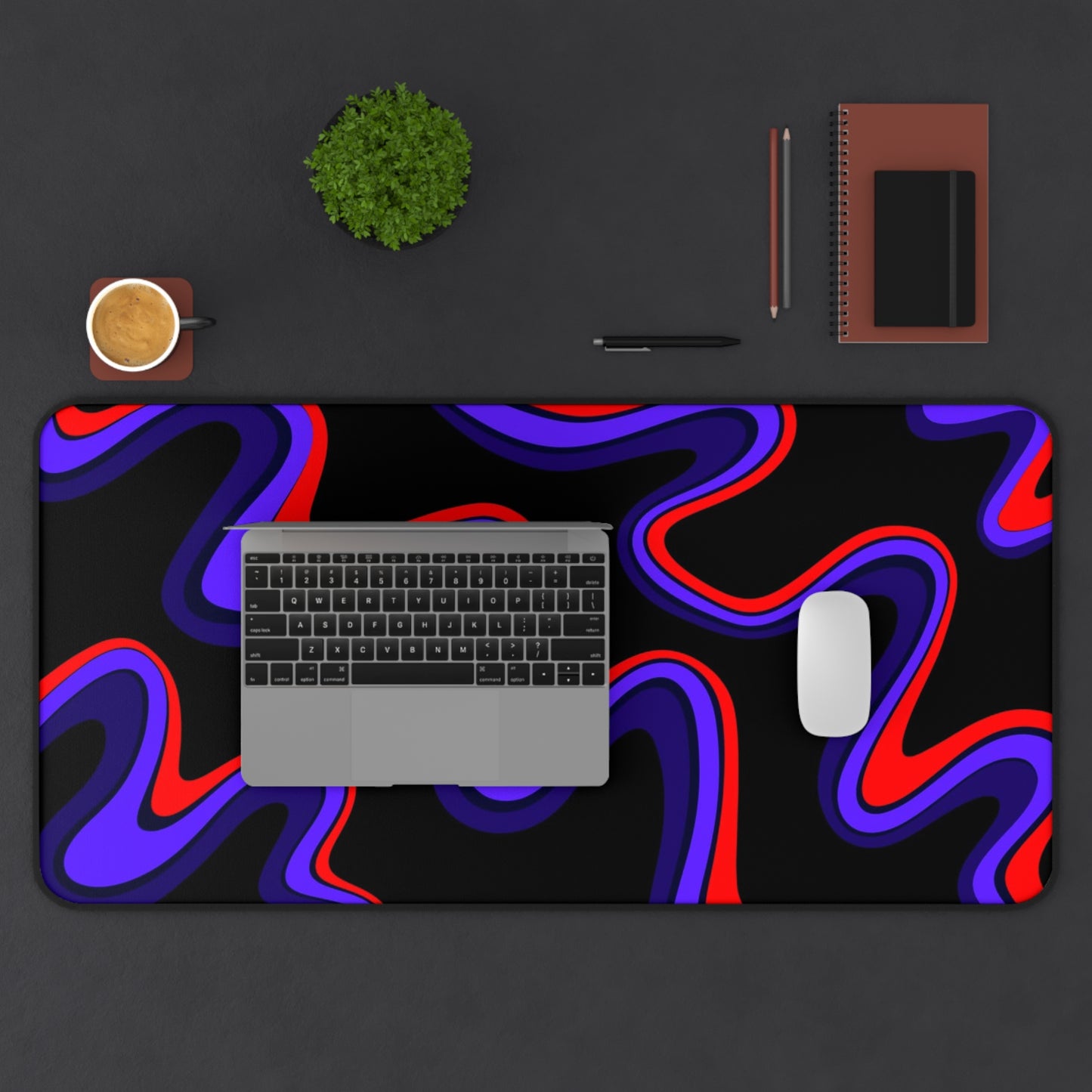 Abstract Wavy Neon Desk Mat  Red & Purple Swirl Mouse Pad