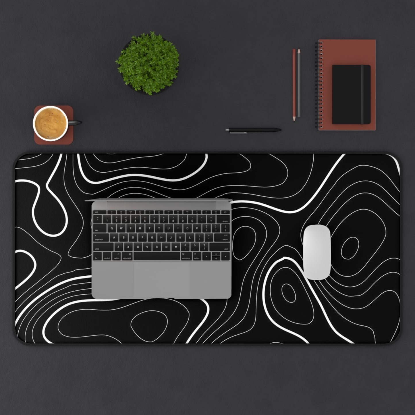 Topographic Contour Desk Mat Black Minimalist Gaming/Office Mouse Pad