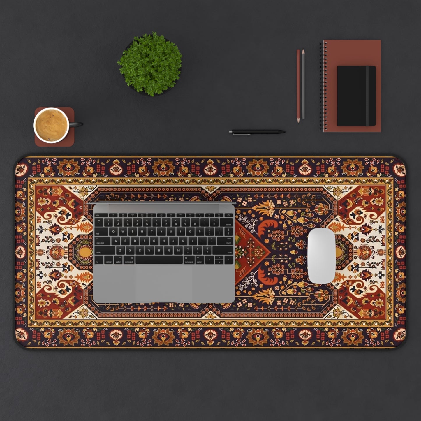 Vintage Persian Rug Desk Mat Bohemian Office Mousepad with Ornate Floral Medallion