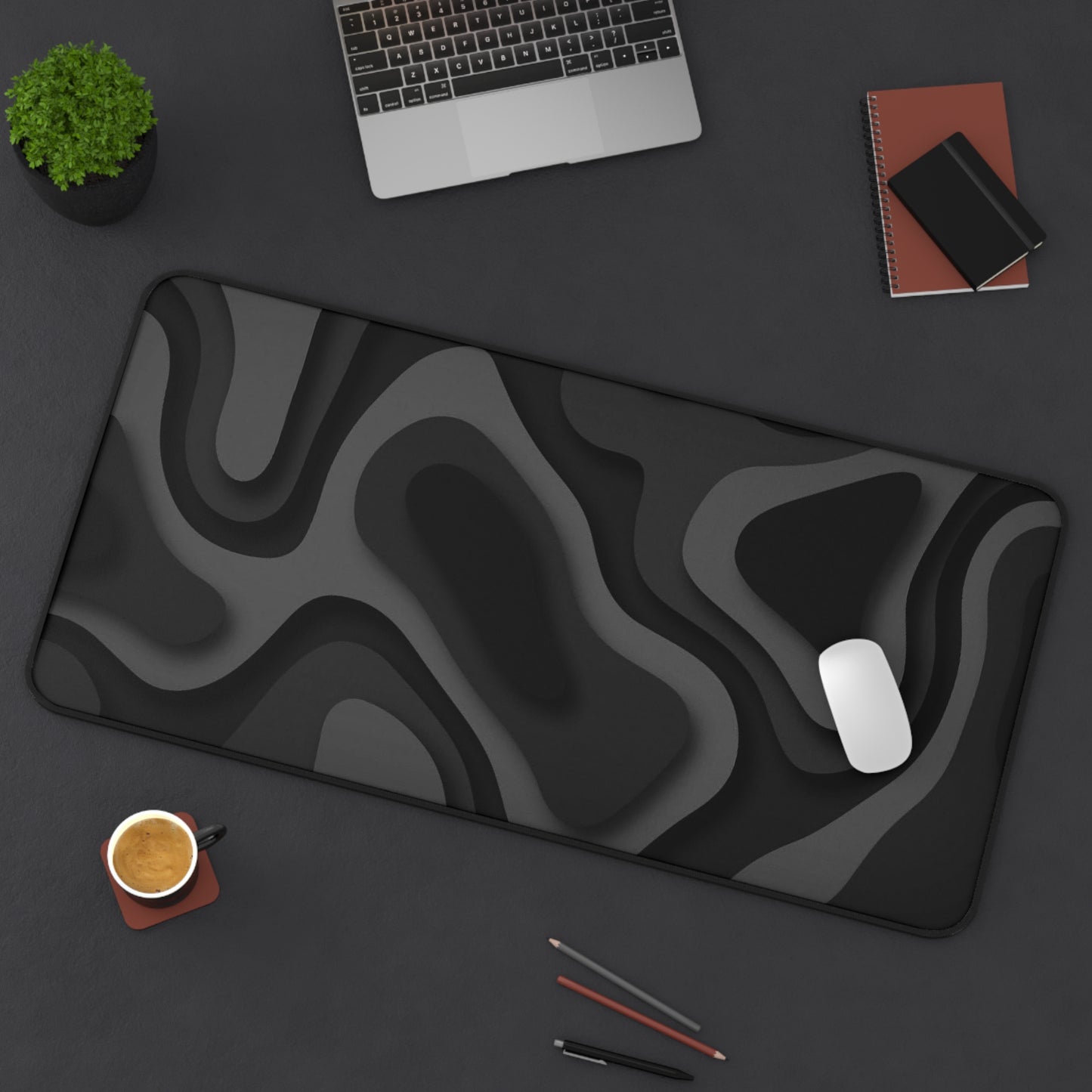 Black Topographic Desk Mat  Large Gaming/Work Desk Pad