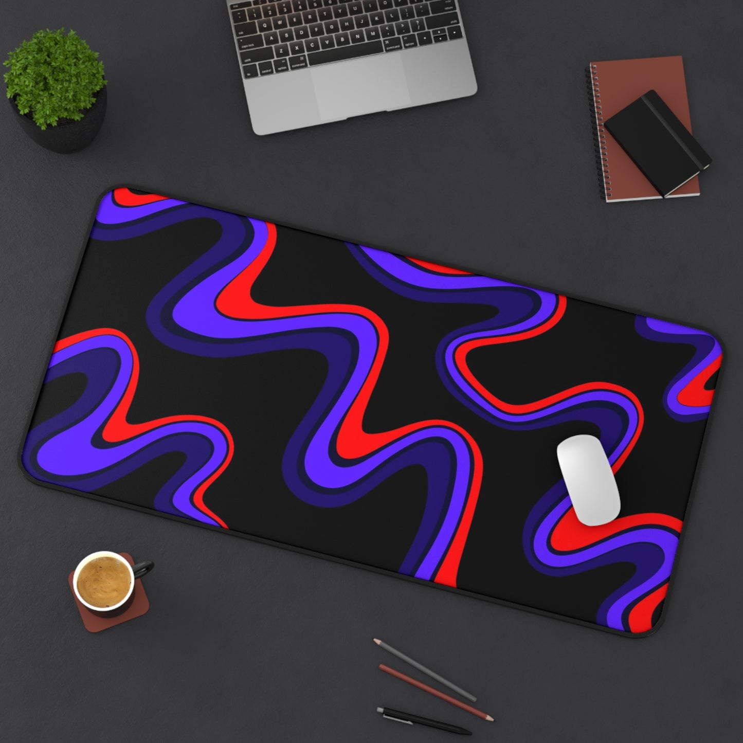 Abstract Wavy Neon Desk Mat  Red & Purple Swirl Mouse Pad