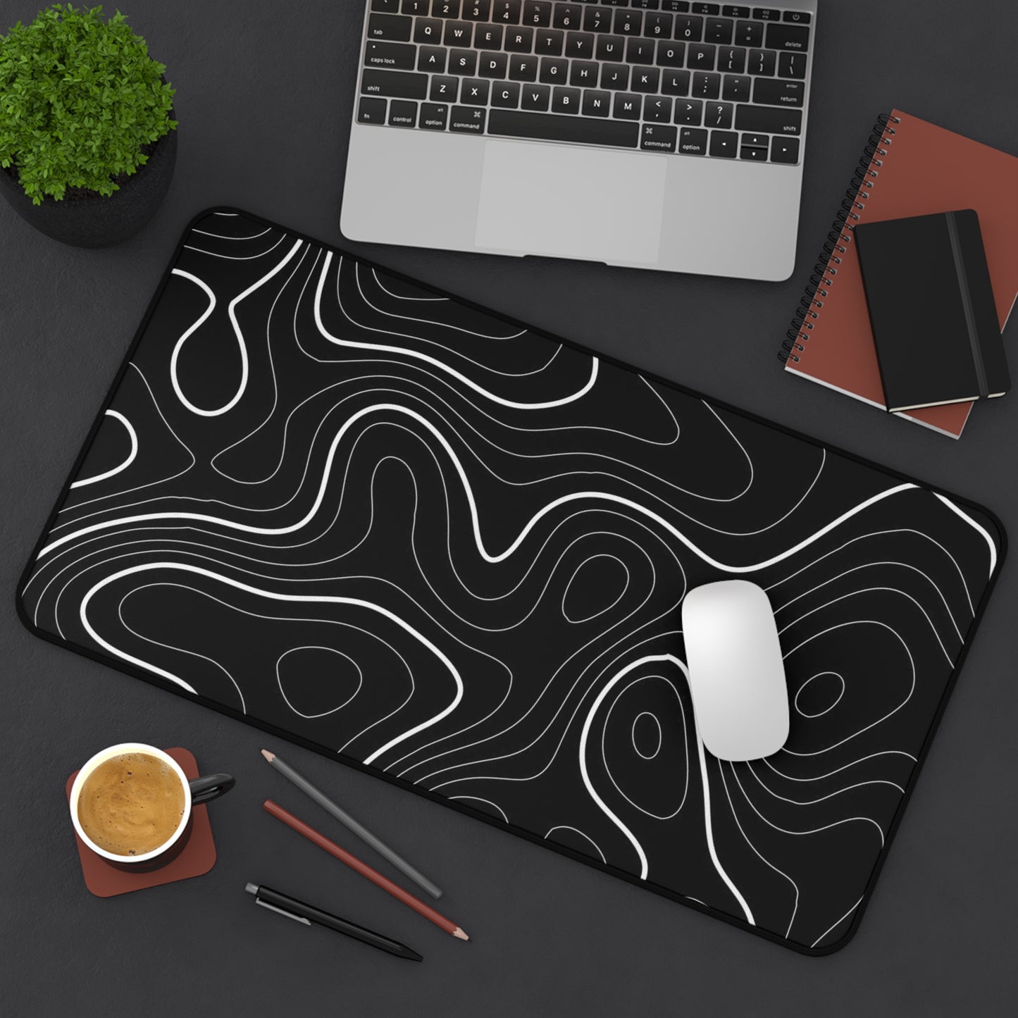 Topographic Contour Desk Mat Black Minimalist Gaming/Office Mouse Pad
