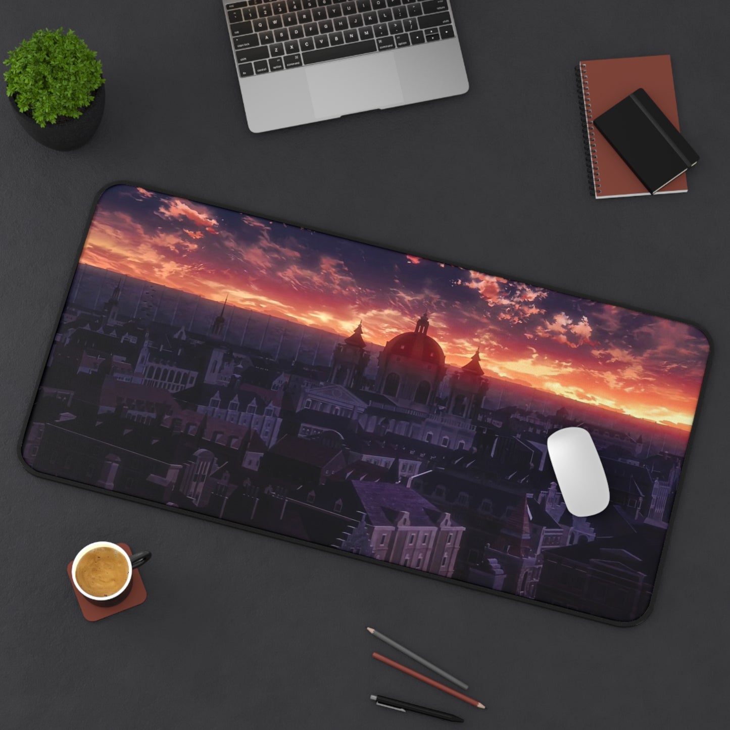 Sunset Cityscape Desk Mat Anime-Inspired Gothic Skyline Mousepad