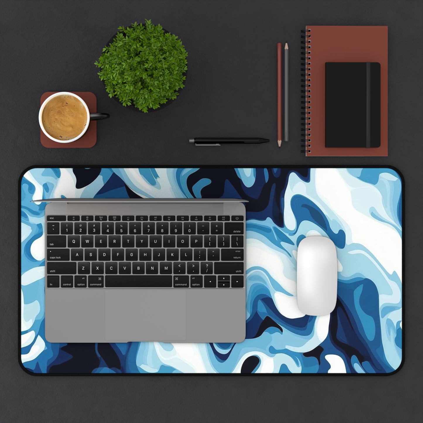 Blue Marble Swirl Desk Mat  Abstract Ocean Wave Mouse Pad