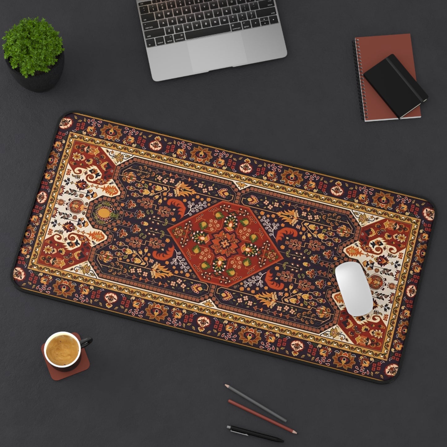 Vintage Persian Rug Desk Mat Bohemian Office Mousepad with Ornate Floral Medallion