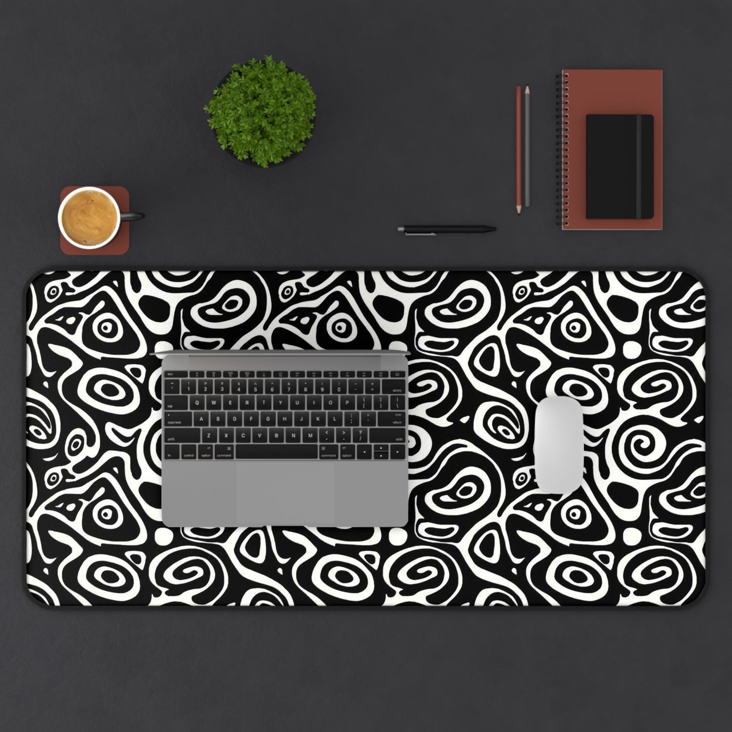 Abstract Black & White Swirl Desk Mat  Modern Pattern Mouse Pad
